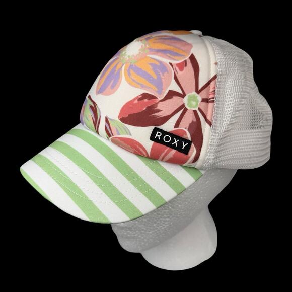 Roxy Women’s Floral Trucker Hat Green White Stripe Brim Mesh Back Adjustable Cap - Picture 1 of 8